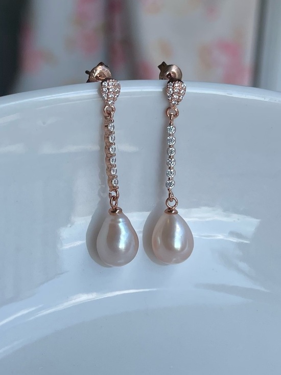 Jewelry - Rose Gold plated Pink Freshwater Pearl Drop Earrings - 925 Sterling Silver posts